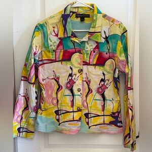 Mirror Image W Sz L 90s Vtg. Musical Abstract Artsy Jean Jacket Shirt  Colorful